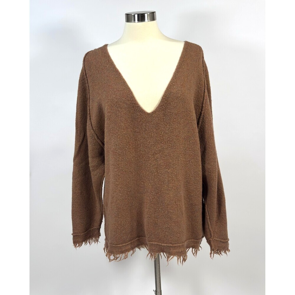 Free People Irresistible Fringed Oversized Sweater Brown Wool Linen - Medium